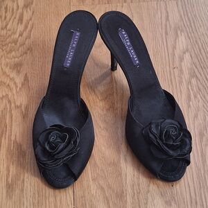 Ralph Lauren Purple Label Black Heels with Floral Accent